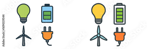 Sustainable energy sources and power supply, including light bulbs, batteries, wind turbines, and electrical plugs