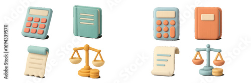 Pastel colored calculators, books, scales of justice, and documents representing business and law concepts