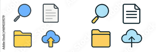 Digital data management icons set with magnifying glass, document, folder, and cloud upload symbols