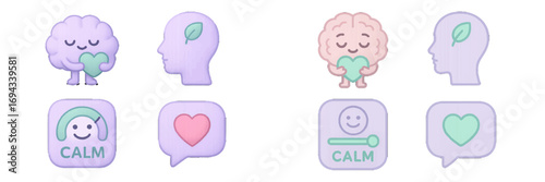 Modern digital icons for mental health, well-being, and emotional balance, with brain, heart, and calm symbols