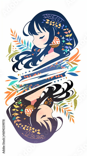 物思いにふける女の子、イラスト、パッチワーク