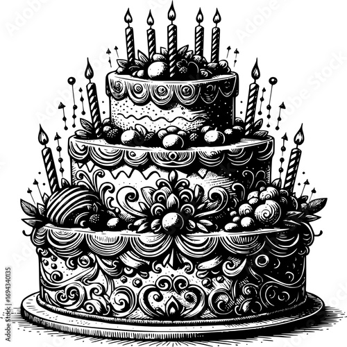 Monumental Celebration Cake: A majestic multi-tiered cake, adorned with elegant frosting, candles, and ornamental details, evokes a sense of festivity and delight. The intricate design.