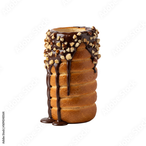 
kürtoskalács pastry drizzled with chocolate and sprinkled with chopped nuts, isolated on transparent background