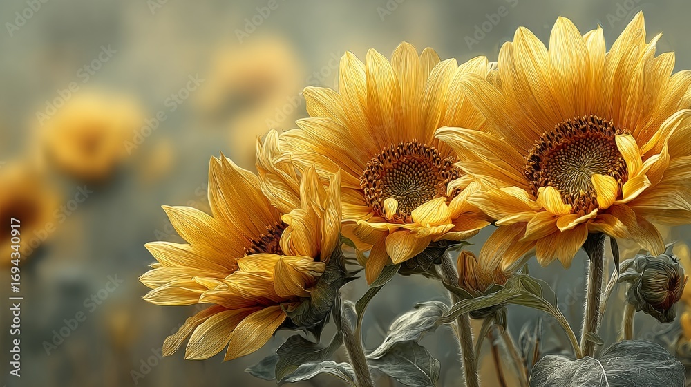 Obraz premium A close-up of vibrant sunflowers with golden petals, set against a blurred background of additional flowers, creating a cheerful and warm atmosphere.