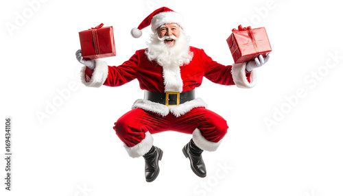 Playful Santa Claus Jumping with Gifts, Dynamic Pose, Transparent PNG