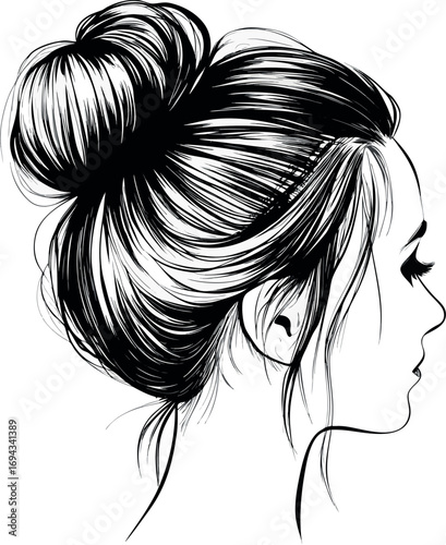 Long black silhouette vector illustration of a woman's profile with flowing hair, a glamourous fashion design sketch