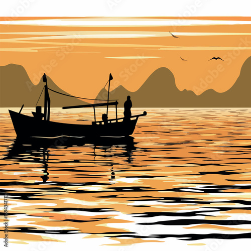 Fishing boat silhouette against the orange glow of a sunset over the sea