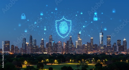 Digital Security Concept: Cybersecurity and Data Protection, Represented by a Futuristic Fingerprint Shield Over a Modern City Skyline at Dusk
