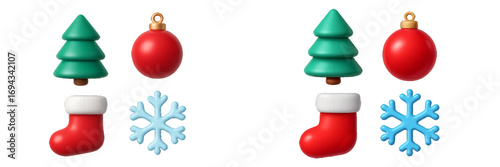 Festive Christmas holiday elements collection with green pine trees red baubles stockings and blue snowflakes