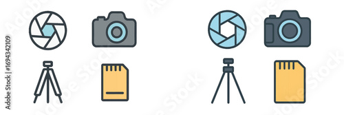 Set of photography equipment icons with camera, aperture, tripod, and memory card in a clean, contemporary style