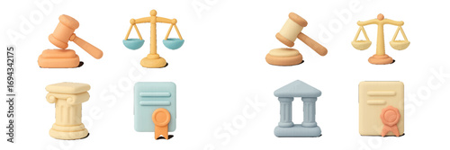 Legal symbols and justice icons with gavel, scales, column, and official documents in a soft, modern style