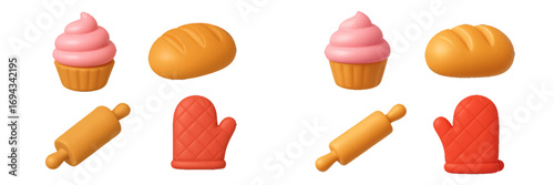 Assortment of baking tools and delicious pastries featuring cupcakes, bread, rolling pins, and oven mitts
