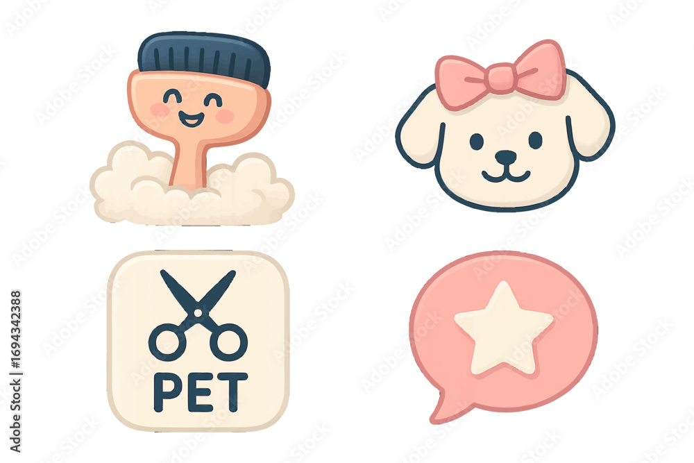 Naklejka premium Pet grooming and care service symbols featuring a happy brush, cute dog, scissors, and a star rating bubble
