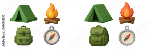 Outdoor camping and hiking adventure essentials set with green tent, burning campfire, backpack, and compass for nature exploration