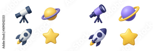 Set of astronomy and space exploration elements including telescopes, ringed planets, rockets, and stars