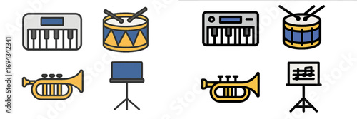 Set of colorful musical instrument icons featuring a keyboard, drum, trumpet, and music stand on a clean white background