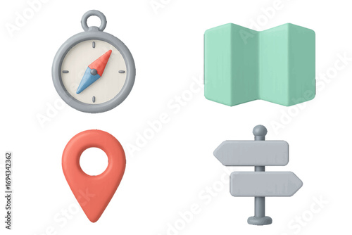 Essential navigation and location symbols including compass, map, pin marker, and signpost for travel and directional guidance