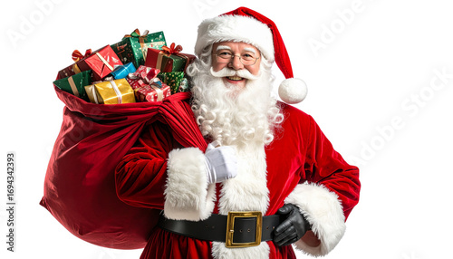  Santa Claus Carrying Colorful Gift Sack, Front View, Transparent PNG