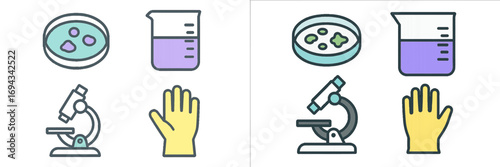 Various science and laboratory equipment including petri dish, beaker, microscope, and protective glove