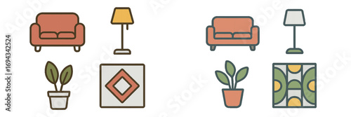 Contemporary living room interior design with comfortable sofa, elegant floor lamp, and decorative potted plants