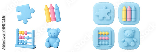 Soft 3D children's educational toys and learning tools: puzzle piece, crayons, abacus, and teddy bear