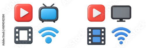 Digital media entertainment and internet connectivity symbols with play button, television, film strip, and wireless internet