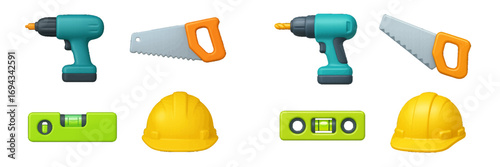 Essential construction and DIY tools with power drill, hand saw, spirit level, and yellow hard hat