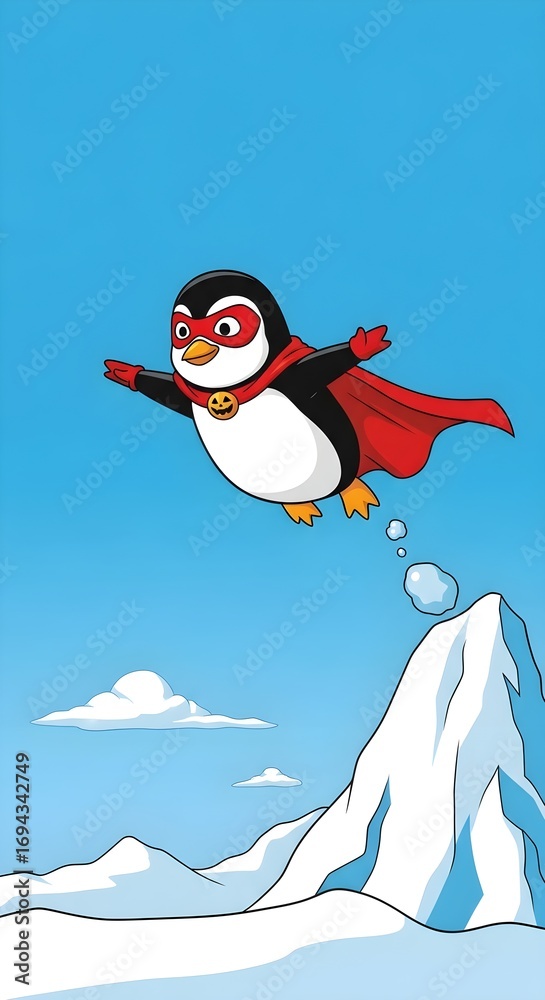 Obraz premium Cartoon superhero penguin flying over snowy mountains under a clear blue sky