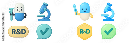 Healthcare and scientific research with capsule characters, laboratory equipment, and R&D elements