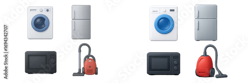 Modern household appliances collection including washing machine, refrigerator, microwave, and vacuum cleaner