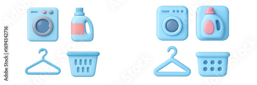 Household laundry appliances and accessories set with washing machine, detergent, clothes hanger, and basket