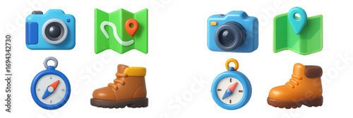 Stylized outdoor adventure and travel equipment icons set with camera, map, compass, and hiking boot for exploration