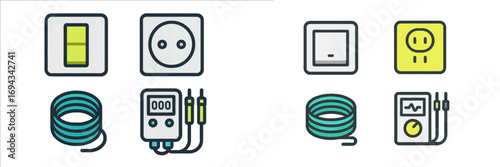 Electrical components and tools set featuring switches, power outlets, cables, and measuring devices
