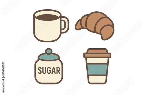 Essential breakfast and coffee items including a ceramic mug, flaky croissant, sugar container, and disposable takeaway cup