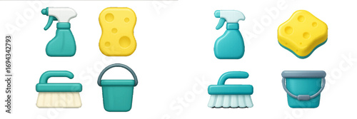 Essential household cleaning tools collection featuring spray bottles, sponges, brushes, and buckets