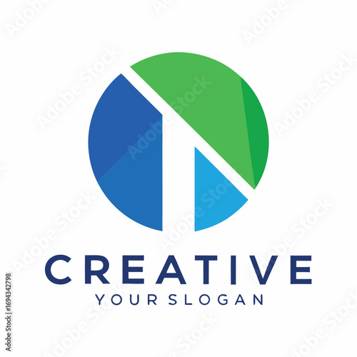 Circular Creative Logo: A simple, creative circular logo, features the letter T combined with a geometric pie chart design using striking blue and green shades, conveys ideas such as progress.