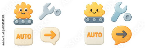 Automation and settings symbols featuring a smiling gear, wrench, auto button, and directional arrow