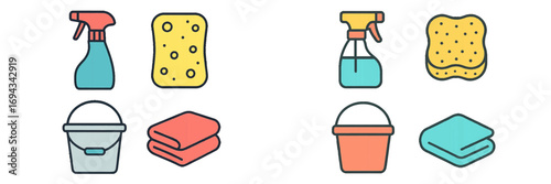 Collection of essential household cleaning supplies including spray bottles, sponges, buckets, and cloths for domestic hygiene and sanitation