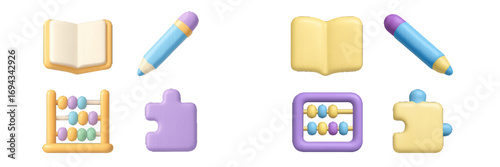 Brightly colored educational learning tools and school supplies with books, pencils, abacus, and puzzle pieces