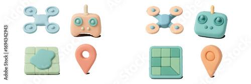 Stylized drone, remote controller, map, and location pin icons set for navigation and aerial photography concepts