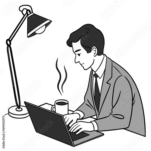 Flat illustration of a man sits at a desk, facing slightly right