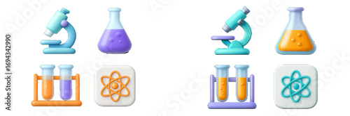 Colorful science laboratory equipment set with microscopes, flasks, test tubes, and atom icons for education and research