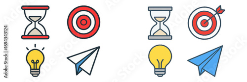 Modern business concepts representing time, objectives, creative ideas, and project communication or launch strategy