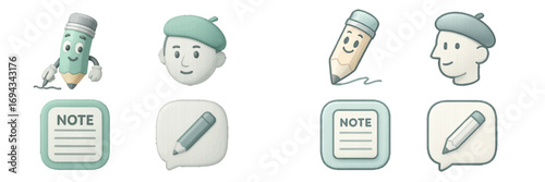 Modern digital icon collection for creative process, writing, and communication with animated pencils, artist profile, and note symbols