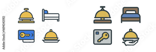 Modern flat design icons representing hotel services such as room, reception, key access, and food delivery