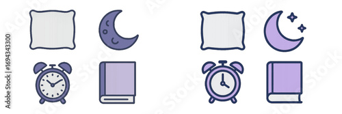 Sleep and morning routine elements with soft pillows, serene crescent moons, classic alarm clocks, and quiet books
