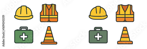 Construction site safety equipment and emergency response supplies including hard hat, vest, first aid kit, and traffic cone