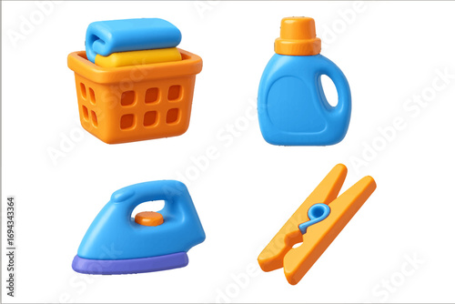 Vibrant household laundry essentials with basket, folded clothes, detergent bottle, iron, and clothespin