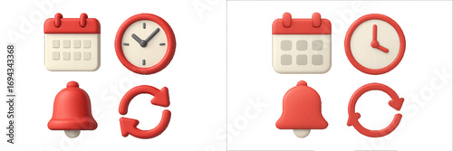 Modern 3D rendered calendar clock bell refresh symbols for user interface and digital design projects