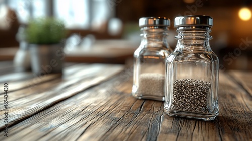Salt & pepper shakers on table in a dining area for cuisine illustration